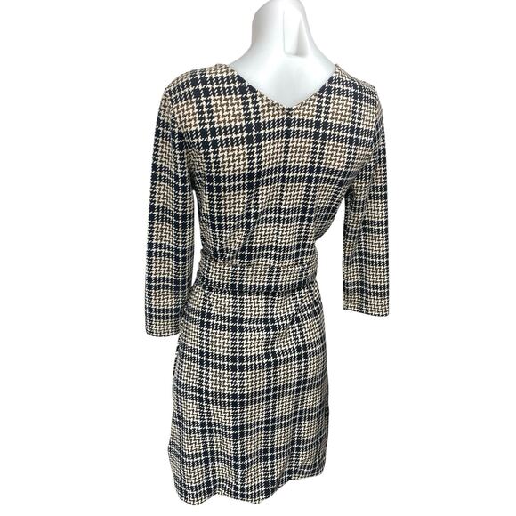 Lands' End Brown Houndstooth Plaid Faux Wrap Belted Mini A-line Dress Size 6-8 - Picture 2 of 4